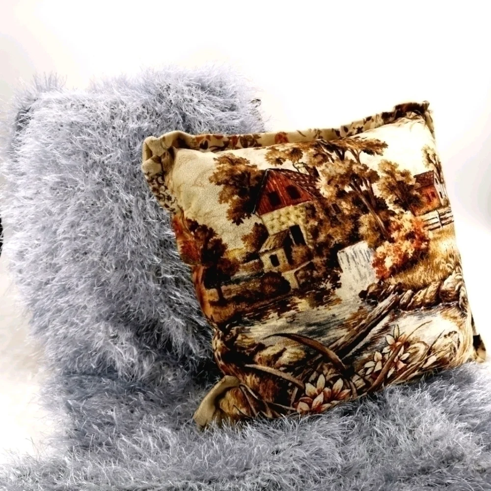 Velvetty Vtg Farm Fall Scene Square Throw Pillow